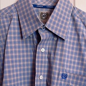 Cinch Men's Blue and Beige Checked Button-Down Shirt Medium